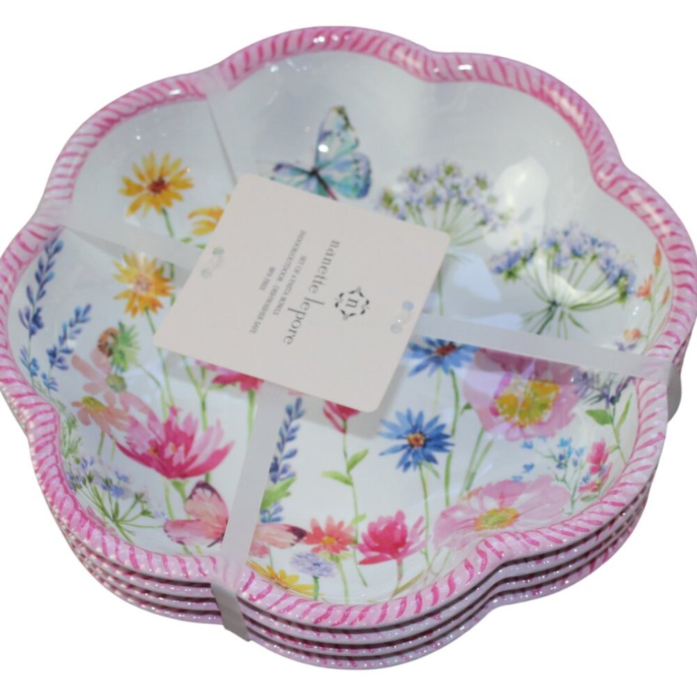 Nanette Lepore Pink Wildflower Butterfly Melamine Pasta Bowl Set of 4 NWT RARE